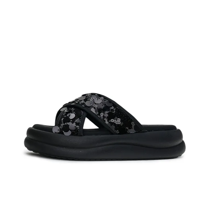 Humanism 1986 PVC Polyvinyl Chloride Slip Resistant Abrasion Resistant Massage Slide Slippers Women's Black Silver-0