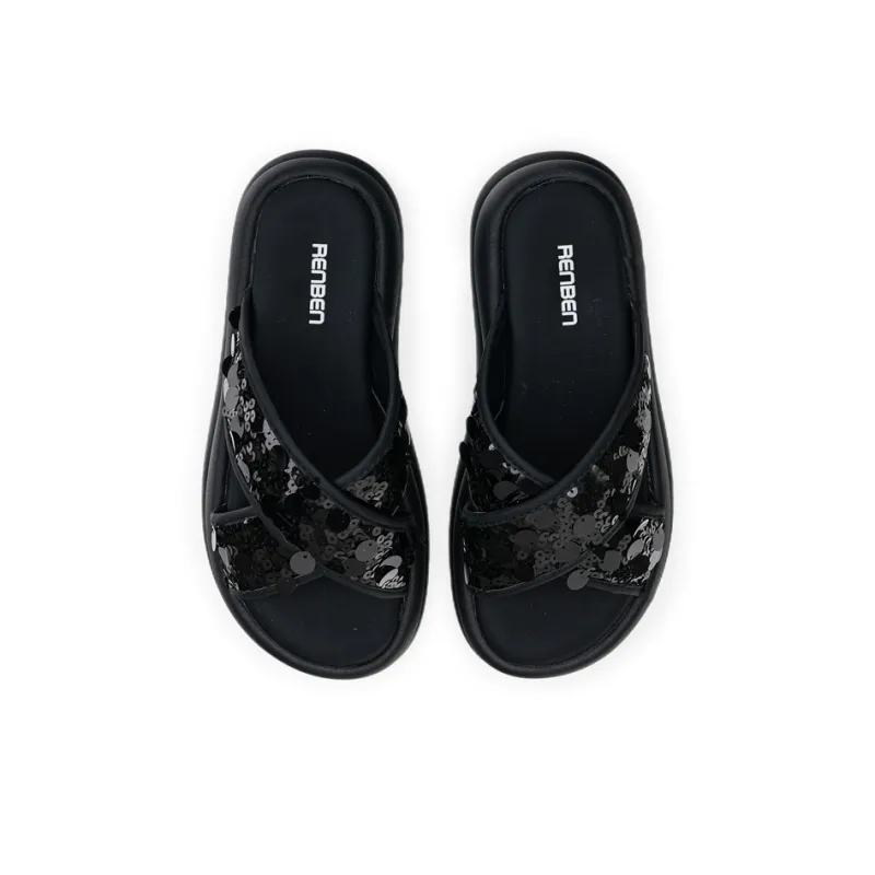 Humanism 1986 PVC Polyvinyl Chloride Slip Resistant Abrasion Resistant Massage Slide Slippers Women's Black Silver-3