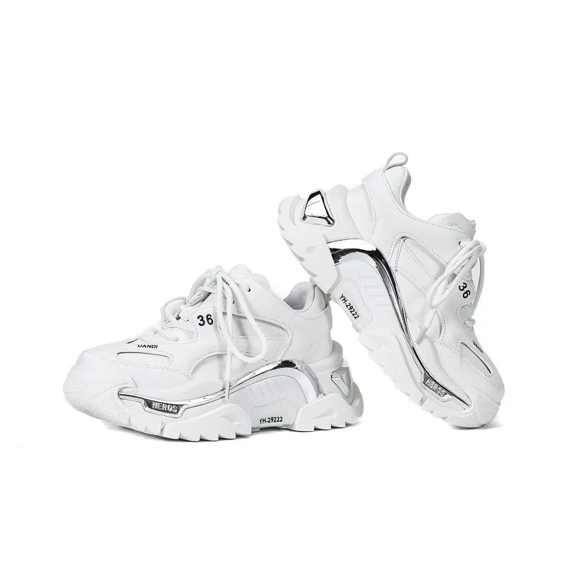 UanDi Cushioning, Slip Resistant, Abrasion Resistant, Height Increasing Low Top Chunky Sneakers Women's White Gray-2