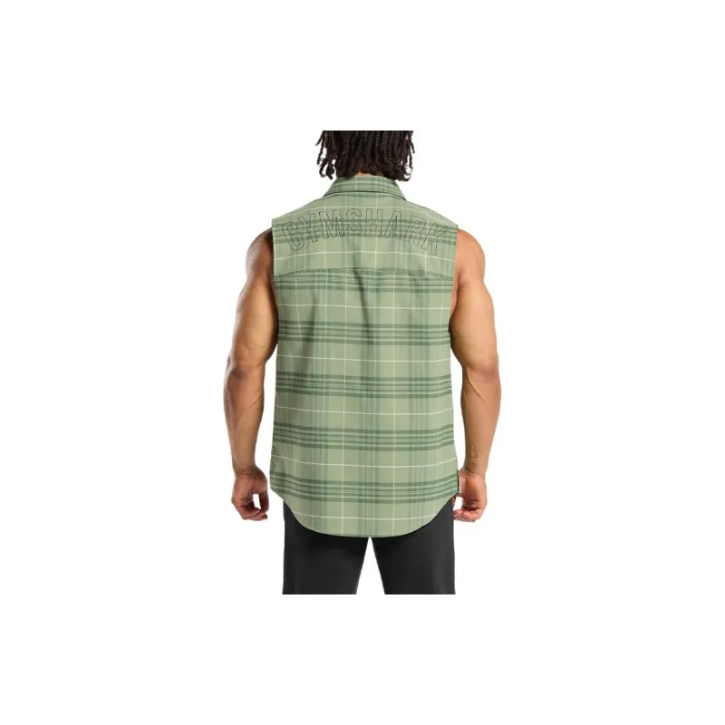 GYMSHARK CHECK SLEEVELESS SHIRT Men's Natural Sage Green-1