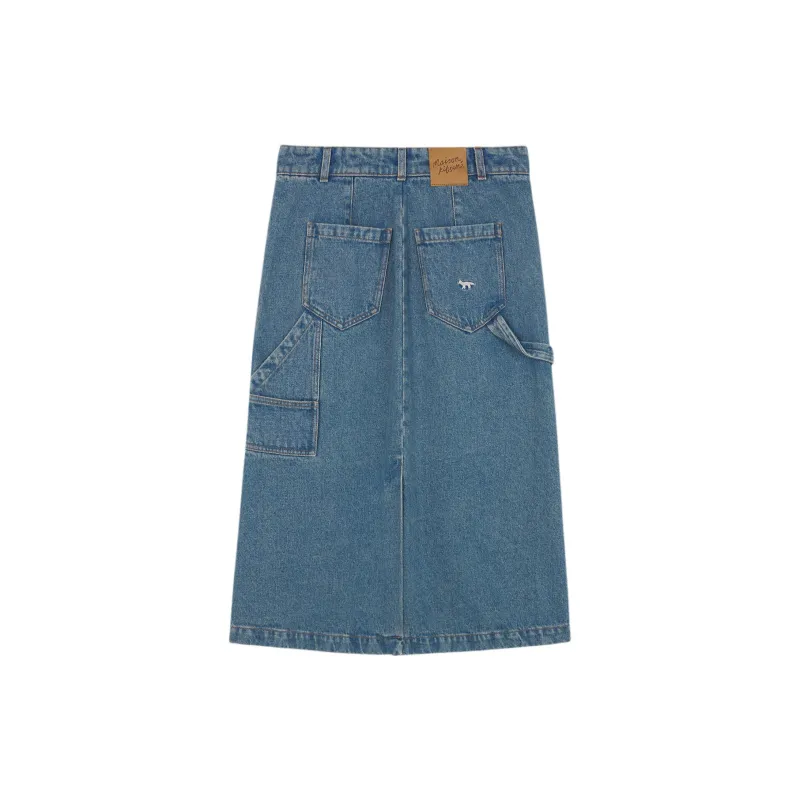 Maison Kitsune Logo Embroidered A Line Denim Midi Skirt-1