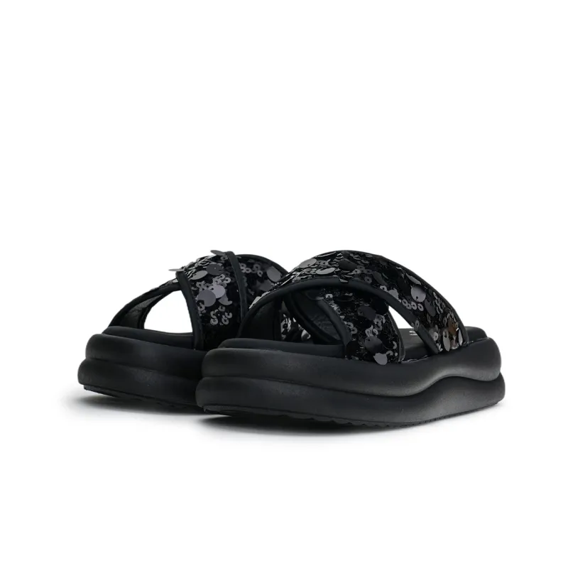 Humanism 1986 PVC Polyvinyl Chloride Slip Resistant Abrasion Resistant Massage Slide Slippers Women's Black Silver-1