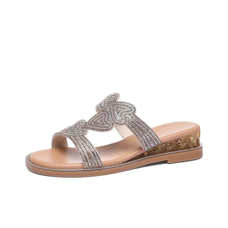 Golden Silk Rabbit Rubber Sole Rhinestone Quiet Slip Resistant Slide Slippers Women's-9