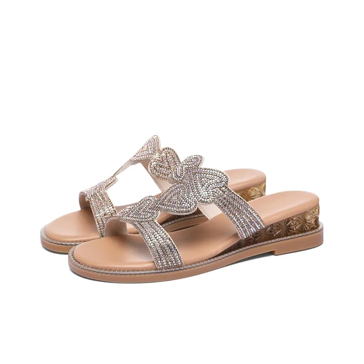 Golden Silk Rabbit Rubber Sole Rhinestone Quiet Slip Resistant Slide Slippers Women's-11