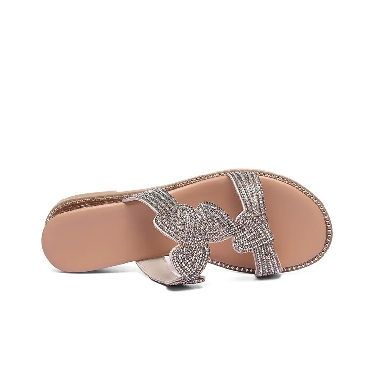 Golden Silk Rabbit Rubber Sole Rhinestone Quiet Slip Resistant Slide Slippers Women's-10
