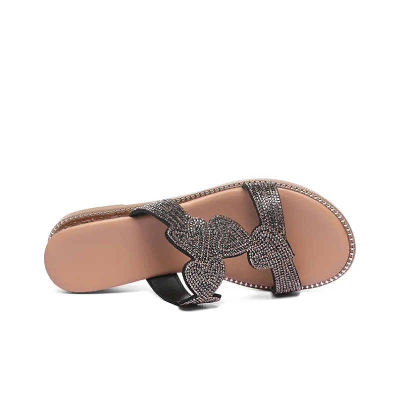 Golden Silk Rabbit Rubber Sole Rhinestone Quiet Slip Resistant Slide Slippers Women's-1