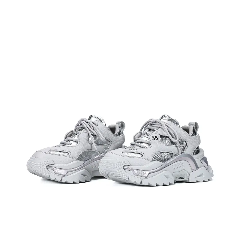 UanDi Cushioning, Slip Resistant, Abrasion Resistant, Height Increasing Low Top Chunky Sneakers Women's White Gray-6