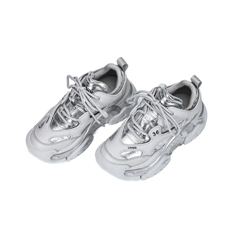 UanDi Cushioning, Slip Resistant, Abrasion Resistant, Height Increasing Low Top Chunky Sneakers Women's White Gray-5