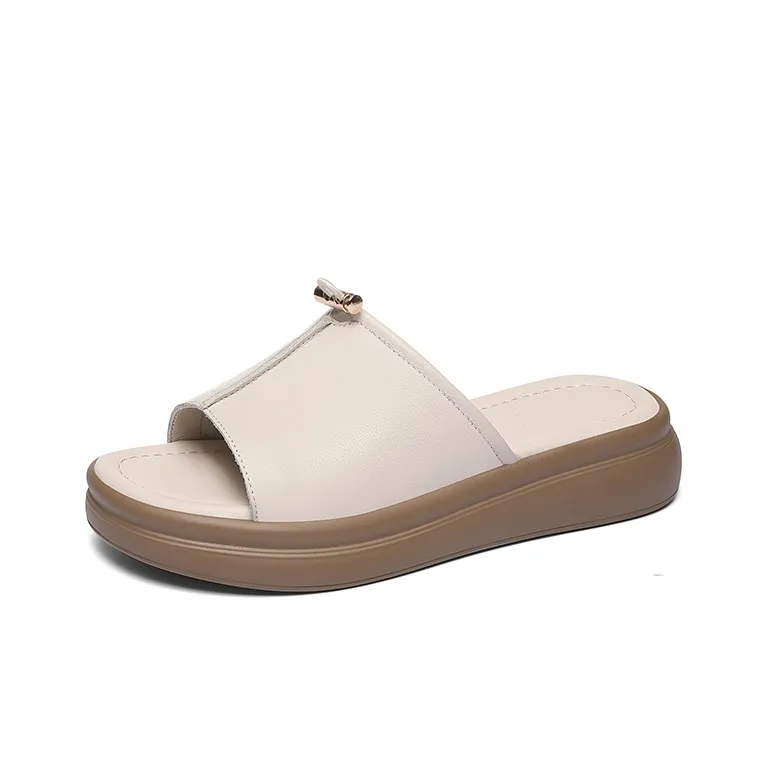 Golden Silk Rabbit PU Polyurethane Leather Patchwork Slide Slippers Women's-9