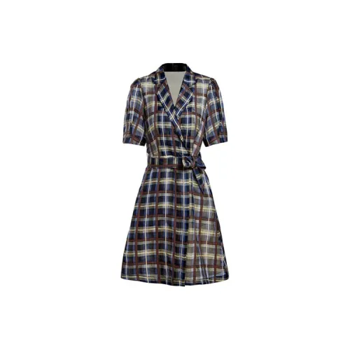 DESIGNICE Short-Sleeved Dresses Women's Checkered