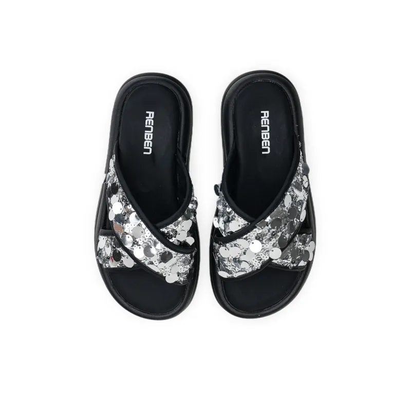Humanism 1986 PVC Polyvinyl Chloride Slip Resistant Abrasion Resistant Massage Slide Slippers Women's Black Silver-9