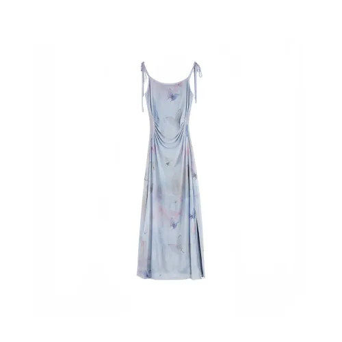 Mu Qingqing Slip Dresses Women's Blue Background With Butterfly Flowers