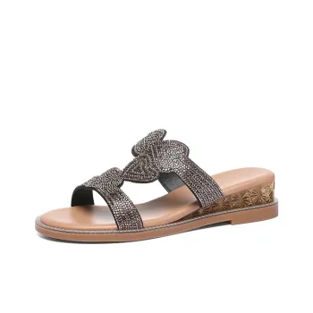Golden Silk Rabbit Rubber Sole Rhinestone Quiet Slip Resistant Slide Slippers Women's