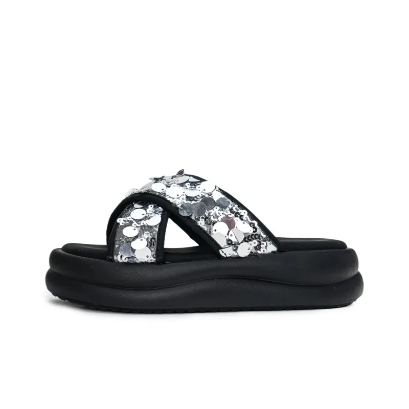 Humanism 1986 PVC Polyvinyl Chloride Slip Resistant Abrasion Resistant Massage Slide Slippers Women's Black Silver-6