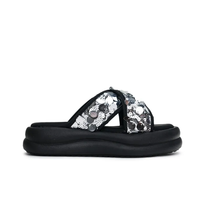 Humanism 1986 PVC Polyvinyl Chloride Slip Resistant Abrasion Resistant Massage Slide Slippers Women's Black Silver-8