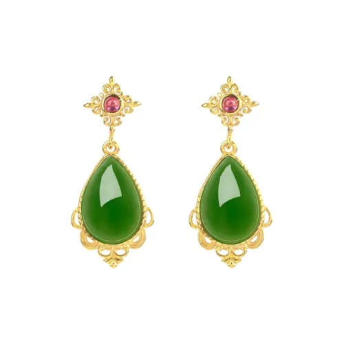 Xiaoyinjiang S925 Silver Hetian Jade Hoop Earrings Women's Jasper
