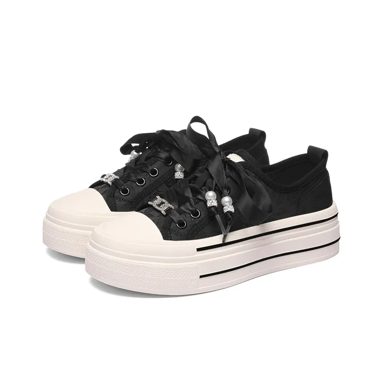 Golden Silk Rabbit Breathable Lightweight Height Increasing Low-Top Casual Shoes Women's Black-2