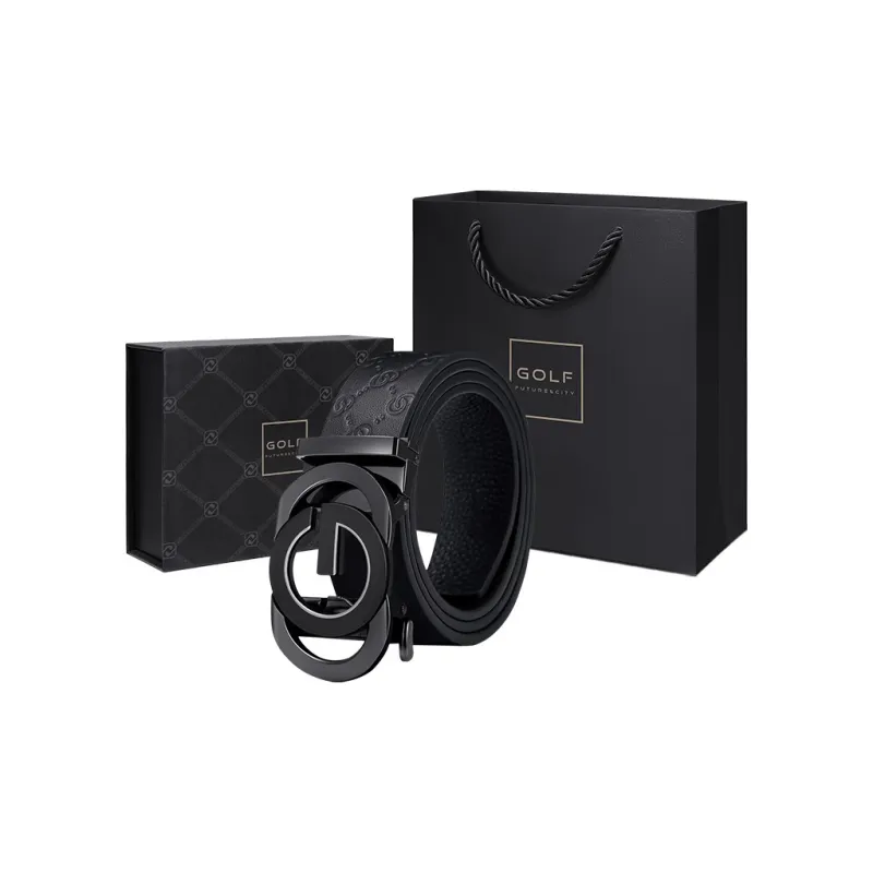 GOLF Top Grain Cow Leather Automatic Buckle Belt Men's Black Gold/Black Silver Width  3.5cm-3