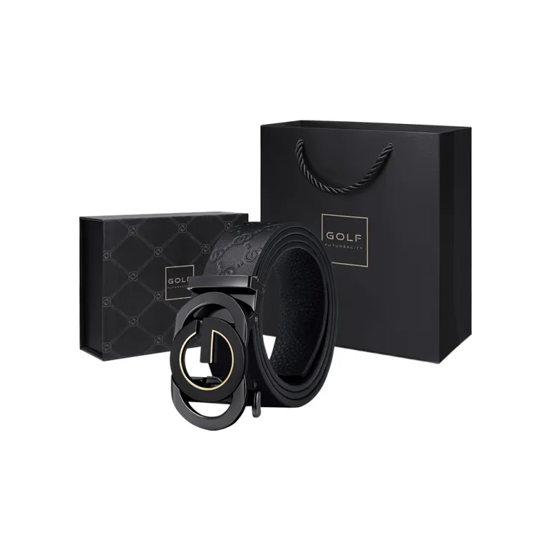 GOLF Top Grain Cow Leather Automatic Buckle Belt Men's Black Gold/Black Silver Width  3.5cm-1