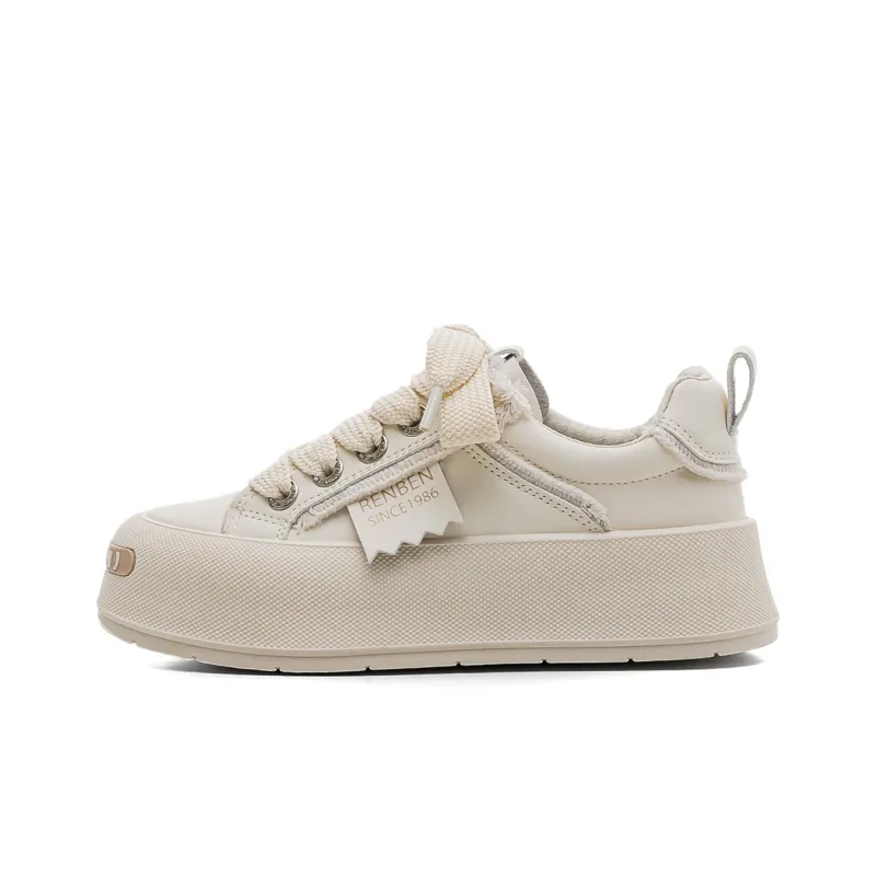 RENBEN Lightweight Support Height Increasing Low Top Skateboard Shoes Women's Beige-0