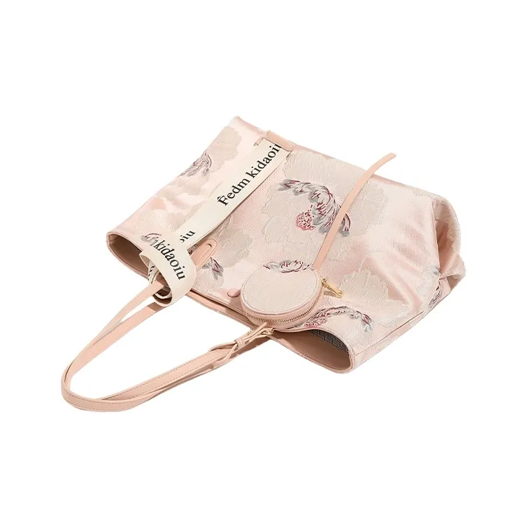 PESASRIE Cow Leather+Microfiber Synthetic Leather Tote Bag, Shopping Bag, Shoulder Bag Women's Floral Pink-2