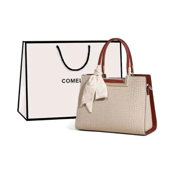 COMELY Cow Leather Mom Bag, Shoulder Bag, Crossbody Bag, Handbag Large Size Women's Blue/Apricot