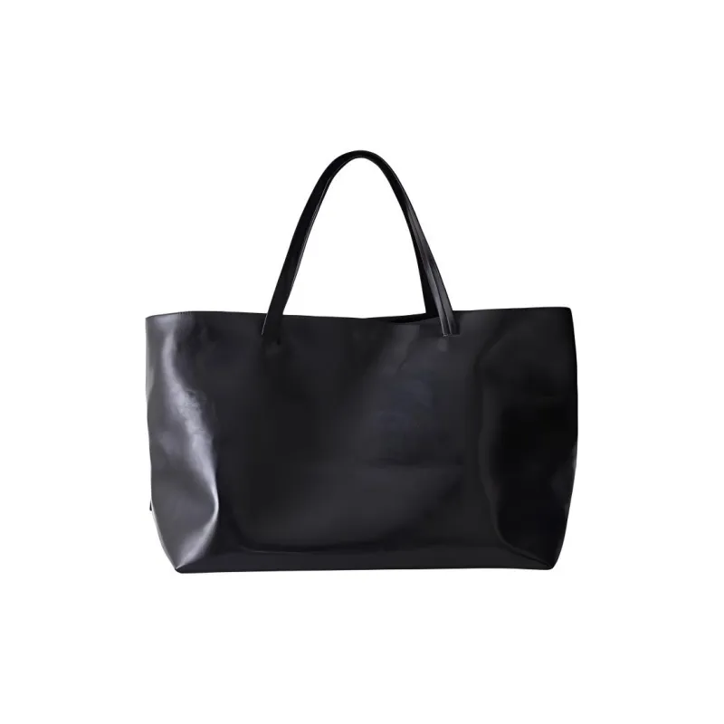 NOTHING WRITTEN Cow Leather Tote Bag Shopping Bag Shoulder Bag Handbag Large Size Women's Black-0