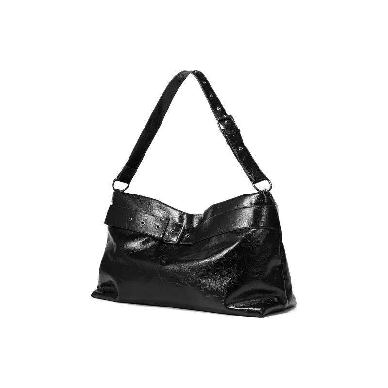 Yawei Kuroda Pu Artificial Leather Crossbody Bag Large Size Unisex Pure Black-2