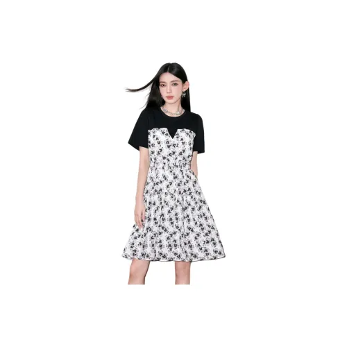 CoLove Short-Sleeved Dresses Women's Black/White Floral