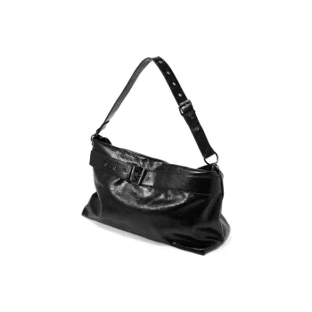 Yawei Kuroda Pu Artificial Leather Crossbody Bag Large Size Unisex Pure Black