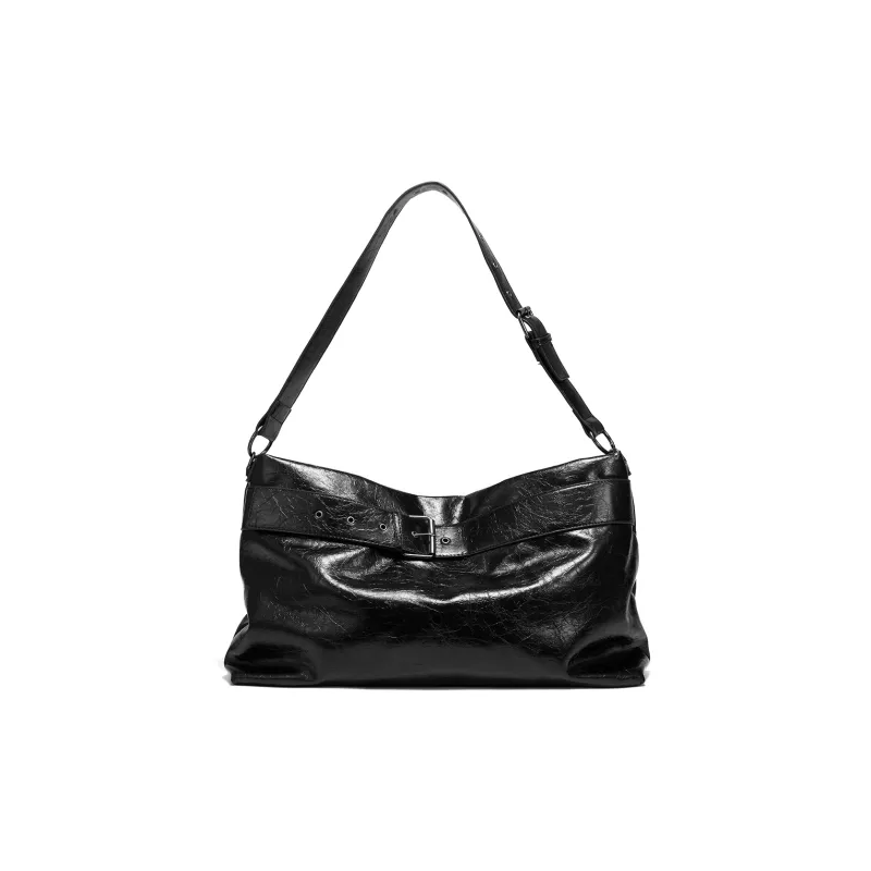 Yawei Kuroda Pu Artificial Leather Crossbody Bag Large Size Unisex Pure Black-1