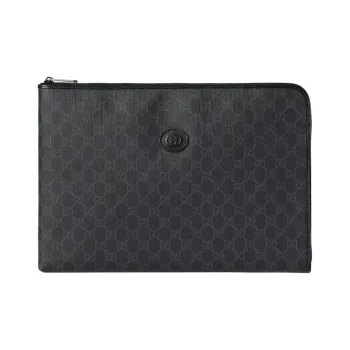GUCCI Canvas With Leather Clutch Briefcase Medium Size Unisex Black