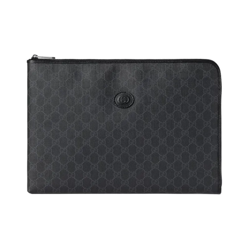 GUCCI Canvas With Leather Clutch Briefcase Medium Size Unisex Black-0
