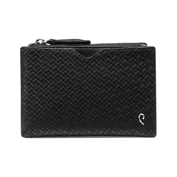 PIERRE CARDIN Top Grain Cow Leather Advanced Woven Pattern Business Wallet Cropped Purse Regular Men's Black