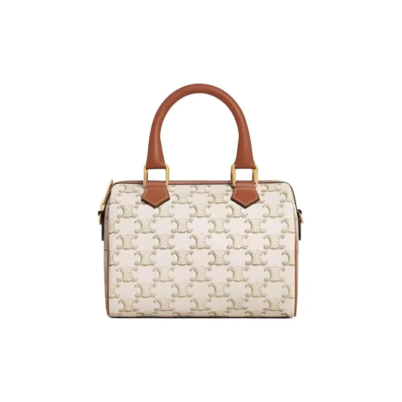 CELINE Triomphe Cow Leather Boston Bag Shoulder Bag Crossbody Bag Handbag Small Size Women's White-0