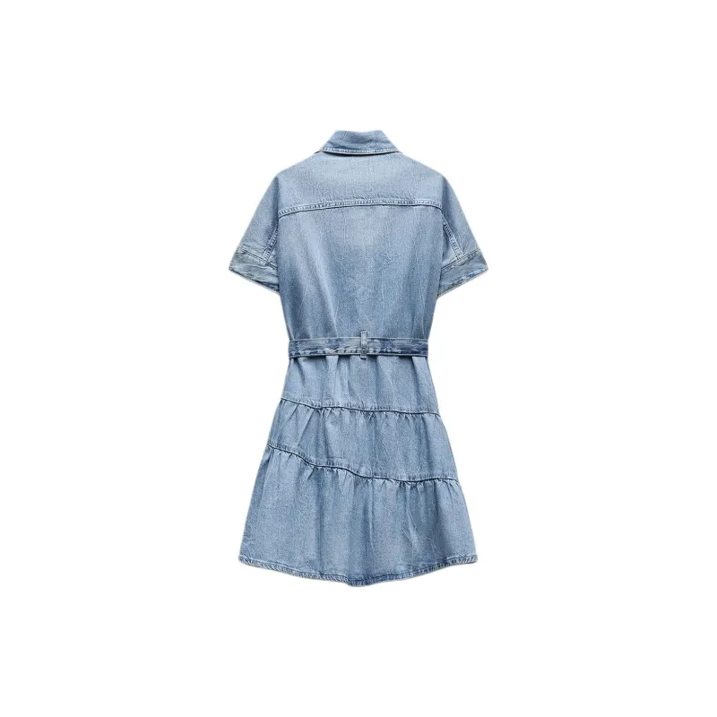 ZARA ZW Series Short-Sleeved Dresses Women's Blue-1