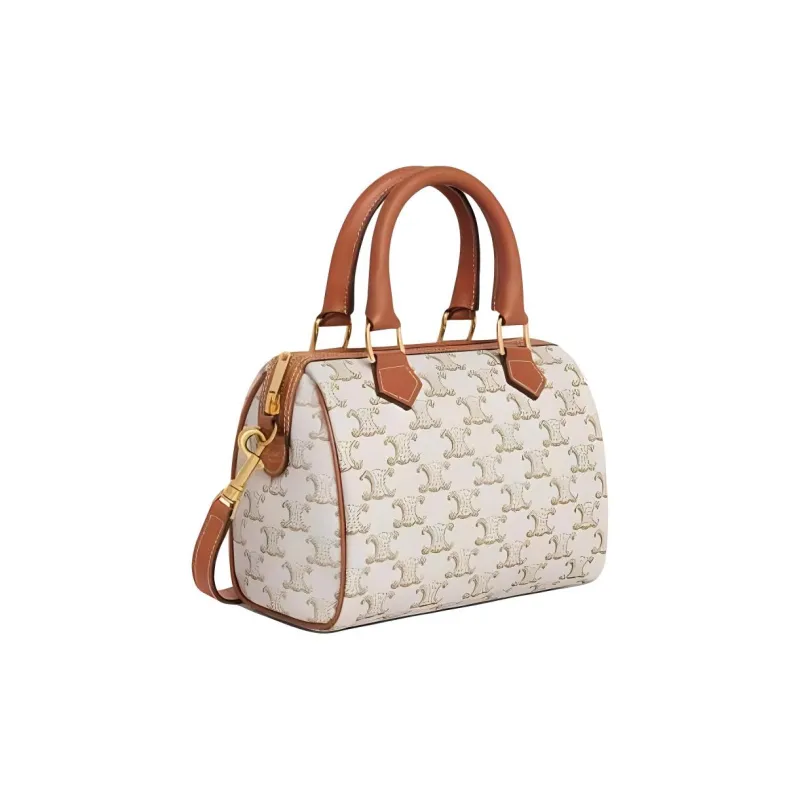 CELINE Triomphe Cow Leather Boston Bag Shoulder Bag Crossbody Bag Handbag Small Size Women's White-1