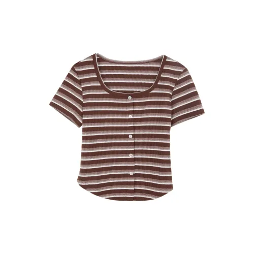 3COLOUR T-Shirts Women's Coffee And Beige Stripes