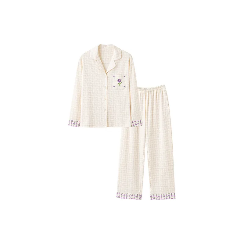 MIIOW Pajama Set Women's Milk White Purple Flower-0