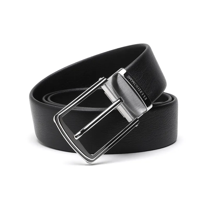 ELLE HOMME Pin Buckle Belt Genuine Leather Brushed Steel Buckle Top Grain Cow Leather Belts Men's Black Width 3.7cm-0