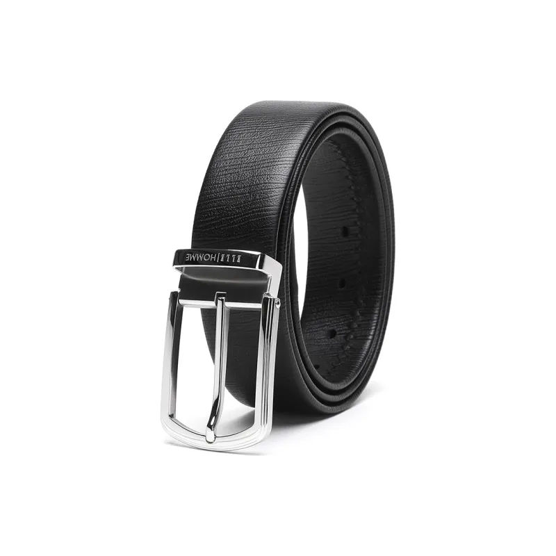 ELLE HOMME Pin Buckle Belt Genuine Leather Brushed Steel Buckle Top Grain Cow Leather Belts Men's Black Width 3.7cm-9