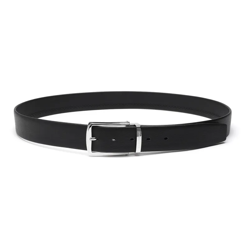 ELLE HOMME Pin Buckle Belt Genuine Leather Brushed Steel Buckle Top Grain Cow Leather Belts Men's Black Width 3.7cm-3