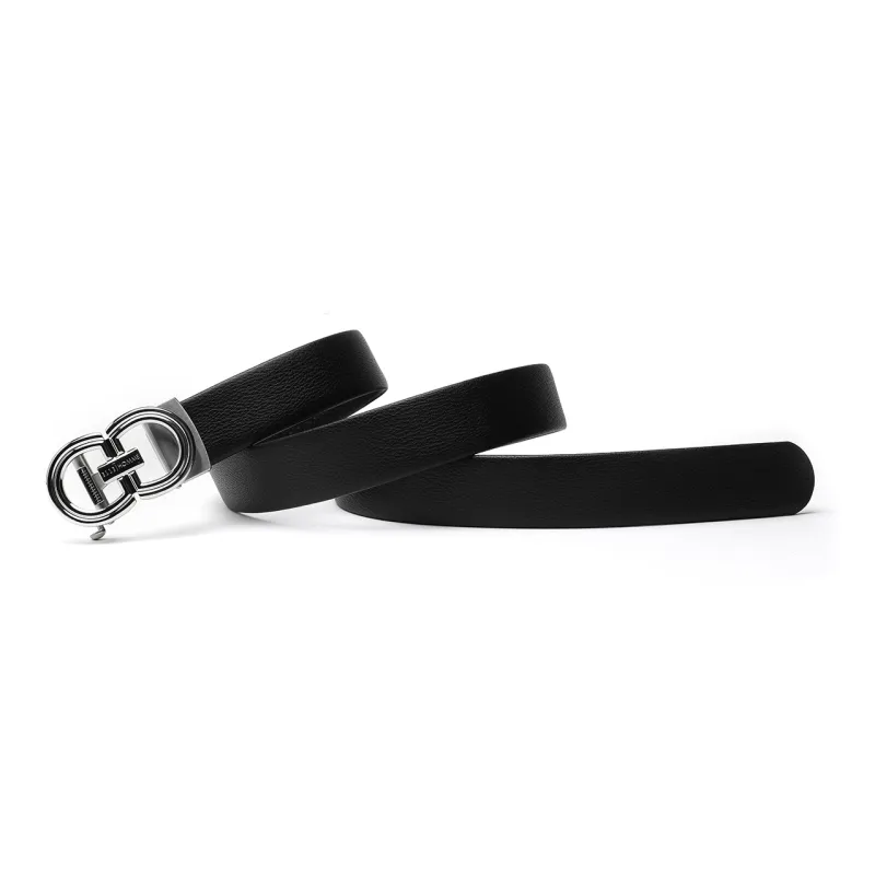 ELLE HOMME Automatic Buckle Belt Steel Buckle Casual Fashion Top Grain Cow Leather Belt Men's Black Width 3.7cm-2