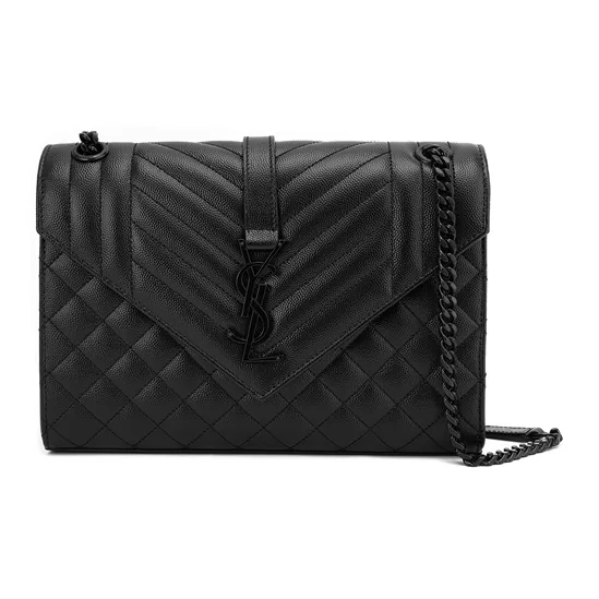 SAINT LAURENT ENVELOPE Quilted Grain Embossed Leather Envelope Bag Shoulder Bag Crossbody Bag Medium Size Women's Black-1