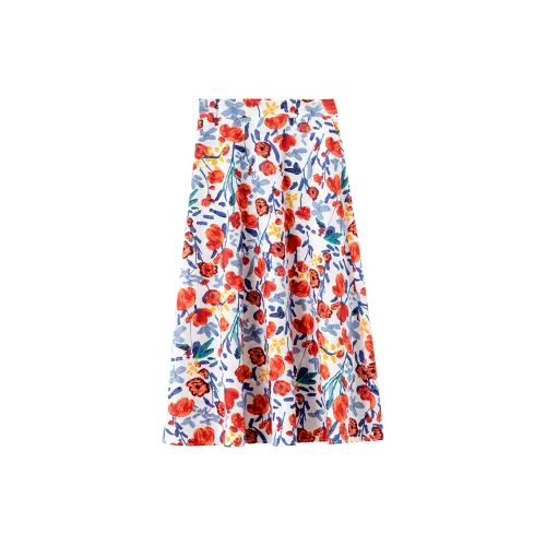 Wbwq Casual Long Skirts Women's Red And Blue Floral Pattern