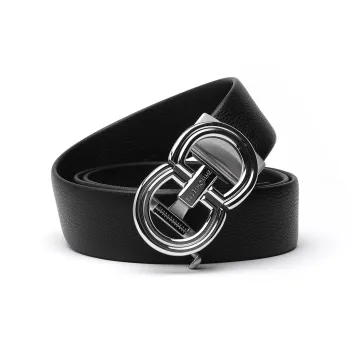 ELLE HOMME Automatic Buckle Belt Steel Buckle Casual Fashion Top Grain Cow Leather Belt Men's Black Width 3.7cm