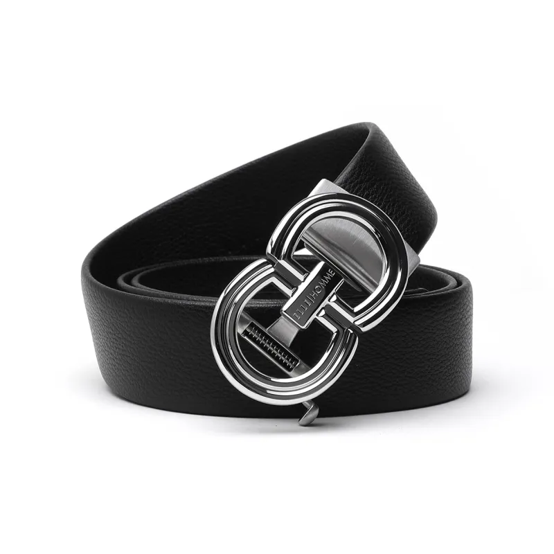 ELLE HOMME Automatic Buckle Belt Steel Buckle Casual Fashion Top Grain Cow Leather Belt Men's Black Width 3.7cm-0