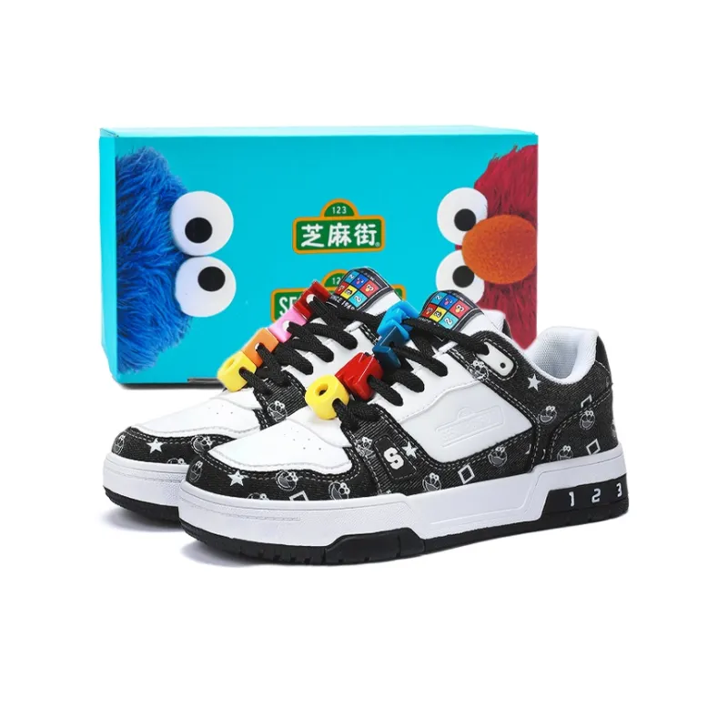 SESAME STREET Skateboard Shoes Unisex Low Top Black & White/Denim Blue/Beige Apricot/Black-6