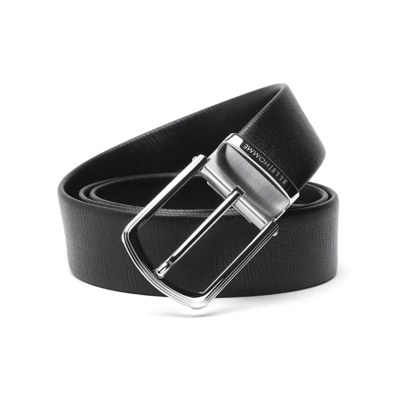 ELLE HOMME Pin Buckle Belt Genuine Leather Brushed Steel Buckle Top Grain Cow Leather Belts Men's Black Width 3.7cm-8