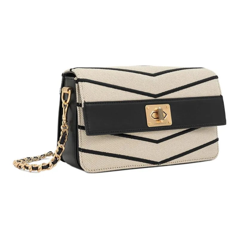 CHARLES&KEITH Recycled Material With Canvas And PU Crossbody Bags Regular Women's Black & Beige-1